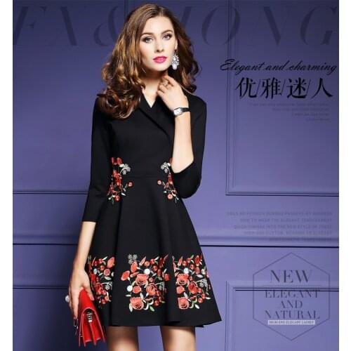 Black or Navy Vintage Self Tie Floral Print Dress Elegant Women Belted Long Sleeve Dresses 2019 Fall A Line Dress