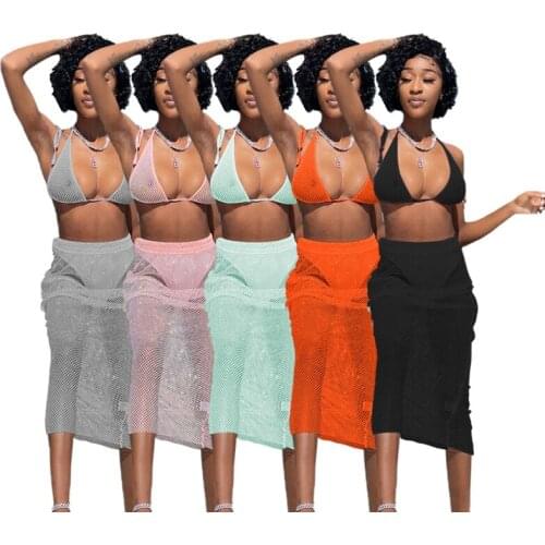 ZKYZWX Mesh Sheer Two Piece Bathing Suit Women Summer Vacation Outfits Sexy Swimsuit Hater Crop Top Bodycon Midi Dress Beachwear