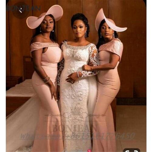 2021 Peach Bridesmaid Dresses Mermaid Off-The-Shoulder Bridesmaid Dress Floor Length Wedding Party Dress for Womens