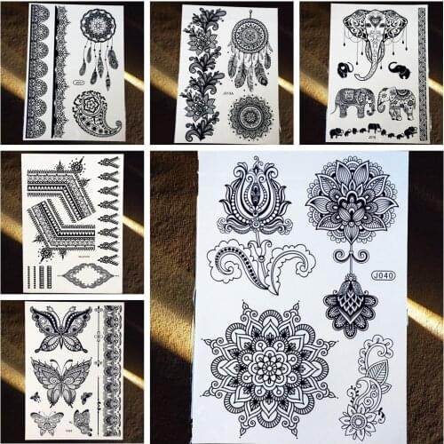 25 Style Indian Arabic Black Henna Temporary Tattoo Waterproof Lotus Paisley Mandala Flower Tatoos Body Art Fake Tattoo Stickers