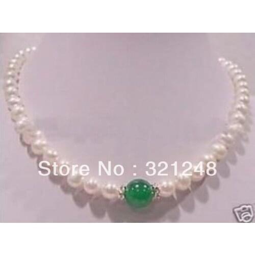 7-8mm natural freshwater cultured white pearl green round chalcedony beads chain necklace women fashion jewelry 18inch MY1365