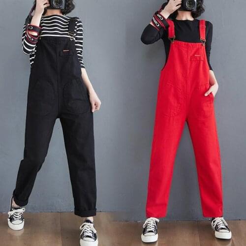 Retro High Waist Denim Bib Women 2021Slim Korean Pants Jeans Loose Harem Overalls Student Jumpsuit Trousers Streetwear