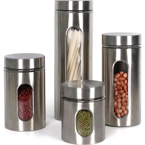 10pcs/lot Stainless Steel Kitchen Food Jar Sealed Cans Household Glass Covered with Transparent Jar Tea Grain Storage Cans