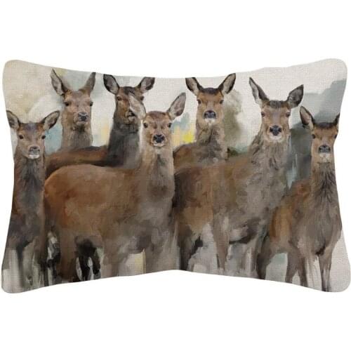 Oil Painting Animal Deer Gathering Cushion Cover Home Decorative Linen Lumbar Pillow Case