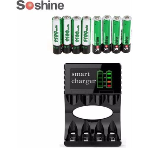 Soshine 1.2V AAA 1100mAh Ni-Mh Rechargeable Battery with 1000 Cycle With Portable Battery Box + Smart AA AAA 4 Slots USB Charger