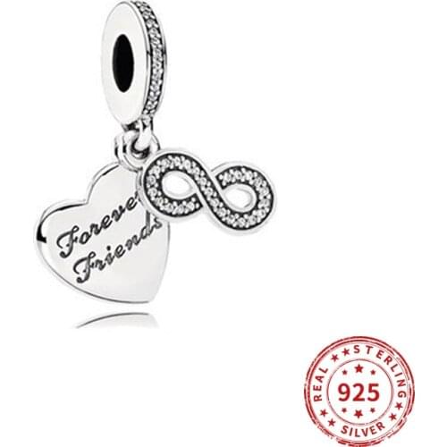Original 100% Real 925 Sterling Silver Beads Forever Friend Heart Dangle Charms Fit Pan Bracelet DIY Women Jewelry