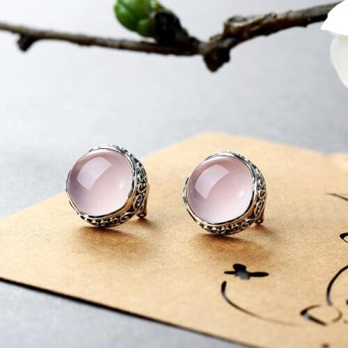 Brinco Inlaid Carved Natural Powder Crystal Hibiscus Stone Earrings Round Female Earrings, Thai Tremella Nail Stud Ornaments