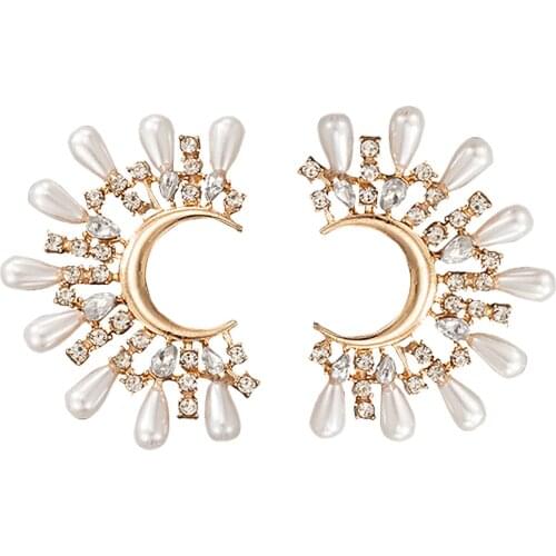 Retro Temperament Elegant Large Pearl Earrings With Diamonds Semicircular Earring Alloy Earrings Wedding Party Jewelry For Women