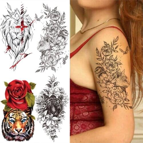 Dot Pattern Cat Carnation Flower Temporary Tattoos For Women Men Lion Tiger Rose Fake Tatoos Sticker Half Sleeve Forearm Tattoo