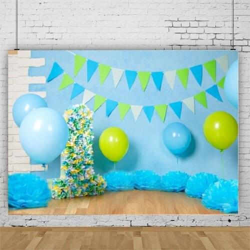 One Year Birthday Blue Green Balloon Flags Portrait Photography Backdrop Party Photo Background Vinyl Photocall Booth Props