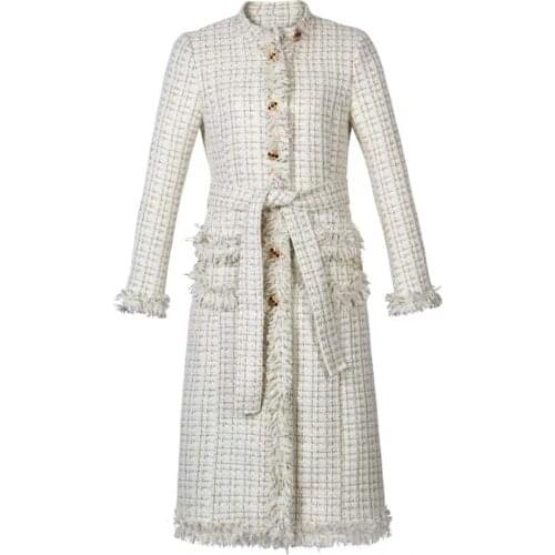 2021 Fall Winter fashion tweed Coat Women small fragrance slim Wool Blend belted Long Overcoat