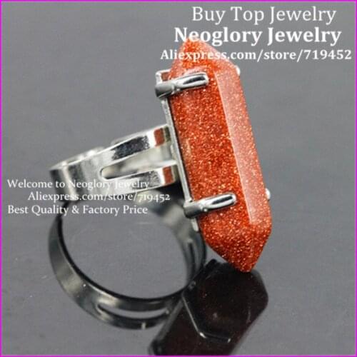 10PCS Natural Golden Sand Adjustable Finger Rings Gems Stone Hexagonal Point Reiki Chakra Bead Ring Unisex Silver Plated