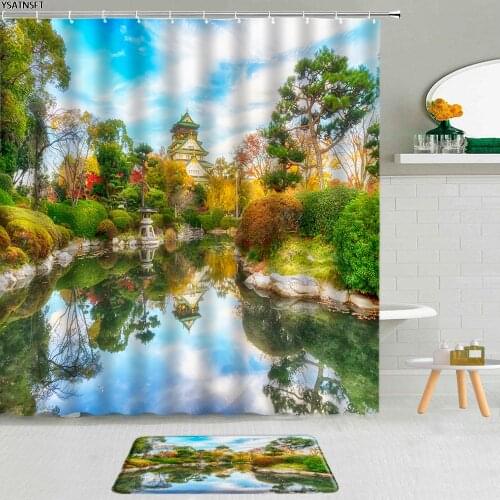 2Pcs Chinese Style Garden Scenery Shower Curtain Lake Pavilion Mountain Waterfall Forest Bathroom Non-Slip Carpet Bath Mat Set