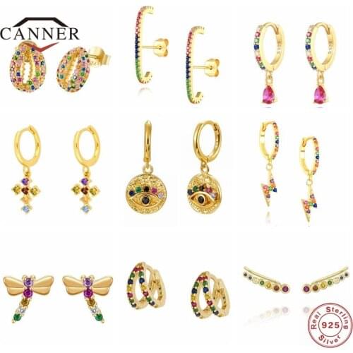 CANNER 100% 925 Sterling Silver Ear Stud Earrings for Women Bohemian Colorful CZ Zircon Cartilage Piercing Earring Jewelry Gifts