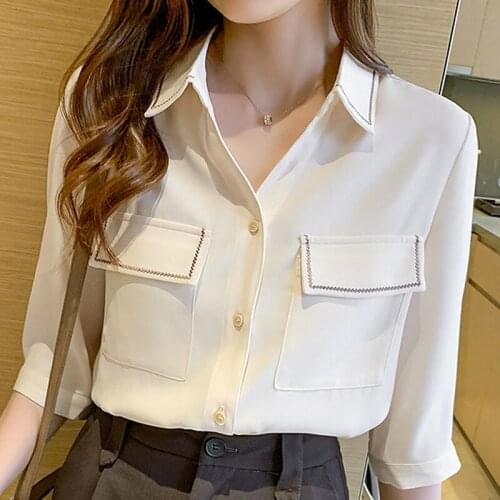 Blusas Mujer De Moda 2021 Summer Ladies Tops Chiffon Blouse Shirt Women Turn Down Collar Half Sleeve Woman Clothes Blouse Femme