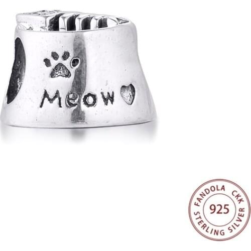 100% 925 Sterling Silver Cat Bowl Meow Charm Beads for Jewelry Making Fits Pandora Charms Bracelets DIY Jewellery bijoux femme