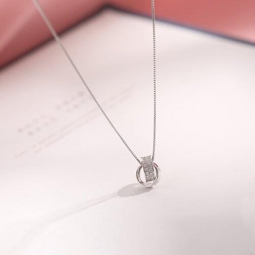 Geometric Double Circle 925 sterling silver Cubic Zirconia Necklace For Women Simple Clavicle Chain Chokers Necklaces