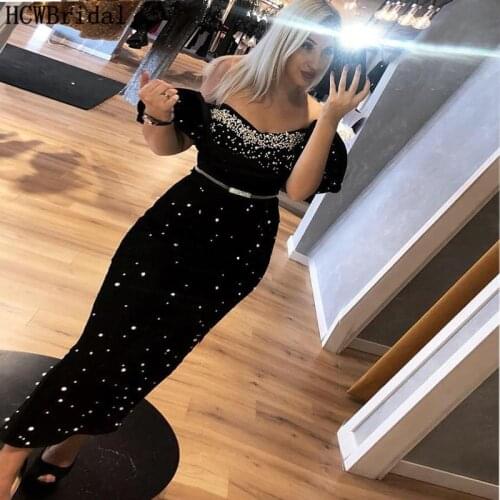 Black Velour Arabic Evening Dress Off The Shoulder Sheath Sexy Wedding Party Dresses With White Pearls Robe De Soiree