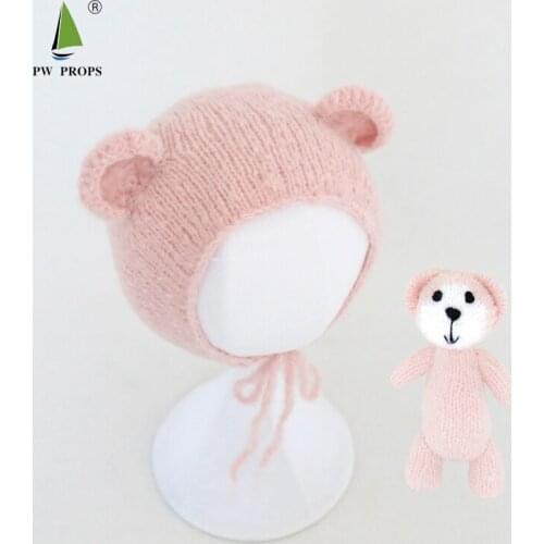 Newborn Baby Teddy Bear Bonnet Toy Set Handmade Crochet Animal Stuffer Bear Doll Baby Photo Shoot