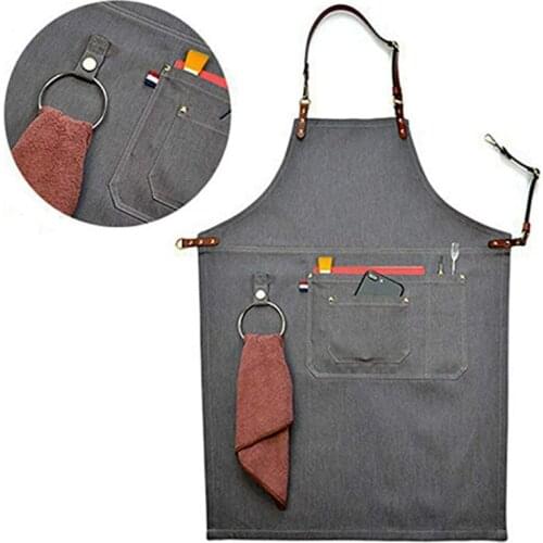 Home Family Senior Denim Apron Bib Leather Straps Restaurant Womens Sexy Apron Hairdresser Salon Apron Cooking Dress Waitress