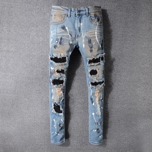 Fashion Brand Rhinstone Men Jeans Stretch Retro Painted Skinny Cotton Denim Jeans Men Ripped Wash Hole Stacked Jeans Big Size