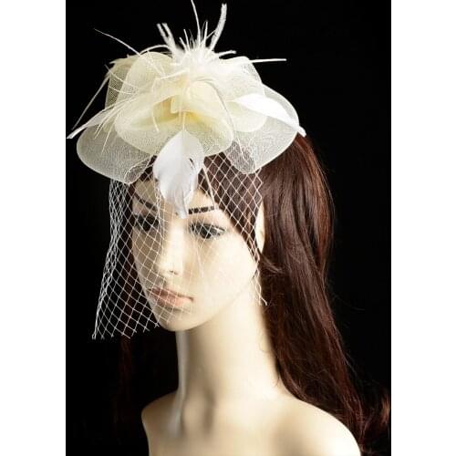 European Style Trendy Wedding Holiday Fascinator Cocktail Hat French Veil Net Yarn Floral Tiara With Feather Bijoux De Tete