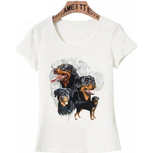 Cute Black Rottweiler Art Print T-Shirt Fashion Women Short Sleeve Girl Funny Dog Design Casual White Top Female Tee shirt