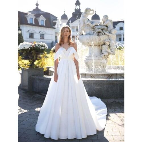 Illusion Off The Shoulder Satin Elegant Wedding Bride Dress Sheer Lace Buttons 2021 Plus Size Princess Bridal Gowns with Train