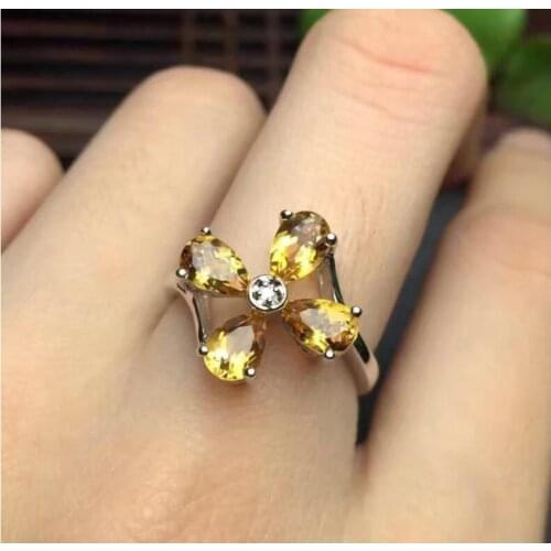 Flower Ring Citrine ring Natural real citrine 925 sterling silver Fine yellow crystal jewelry Handworked jewelry Gem 4*6mm 4pcs