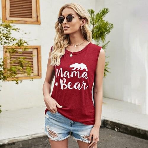 Summer Mama Bear Fashion Sleeveless Letter Print Women Tshirt Round Neck Loose Beach Style Casual Vest Women Tshirt