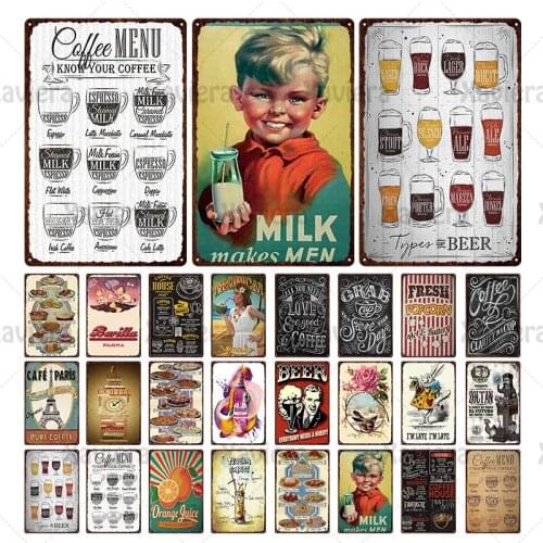 Retro Tin Metal Signs Drinks & Food Vintage Poster Metal Sign Beer Milk Meal Wall Art Decor For Beer Club Bar Pub Iron Plate
