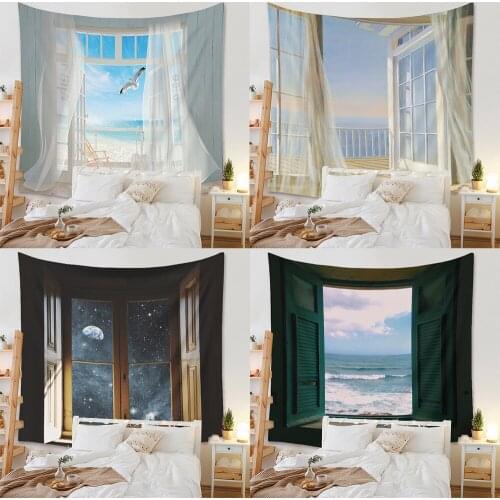 Sea Outside The Window Tapestry Hippie Wall Hanging Starry Night Sky Moon Psychedelic Wall Cloth Carpet Ceiling Yoga Cushion