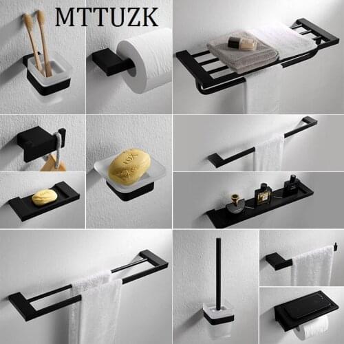 MTTUZK Matt Black SUS304 Stainless Steel Bathroom Hardware Set Towel Shelf Paper Holder Hook Towel Bar Bathroom Accessories