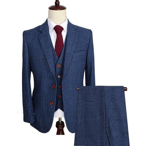 Notch Thick Herringbone Mens Suits Business Wool Tweed 3 Pieces Formal Lapel Tuxedos Blazer Winter Wedding Groom