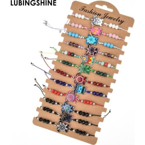 12pcs/Set Handmade Braid Rope Chain Bracelet Set Enamel Turtle Elephant Charms Crystal Beads Bracelets for Women Fashion Jewelry