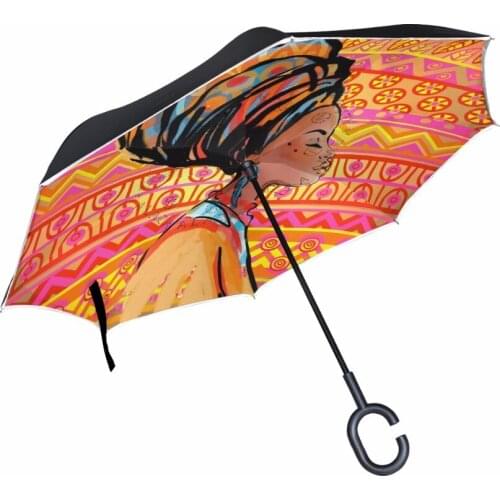 New Styles African Woman C-Handle Umbrella Desigual Vented Rain Protection Double Layer Reverse Umbrella
