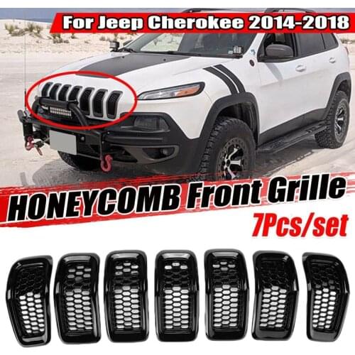 Front Upper Mesh Honeycomb Grill Grille Inserts Cover Kit Mesh Grille&Trim Insert for Jeep Cherokee 2014-2018 Black