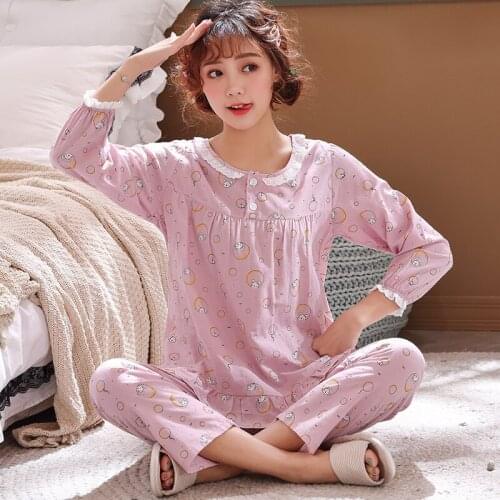 Pajamas Women Cotton Ins Fashion Spring And Summer Long-Sleeved Suit Korean Version Cute Cotton Lounge Negligee Sleepwear
