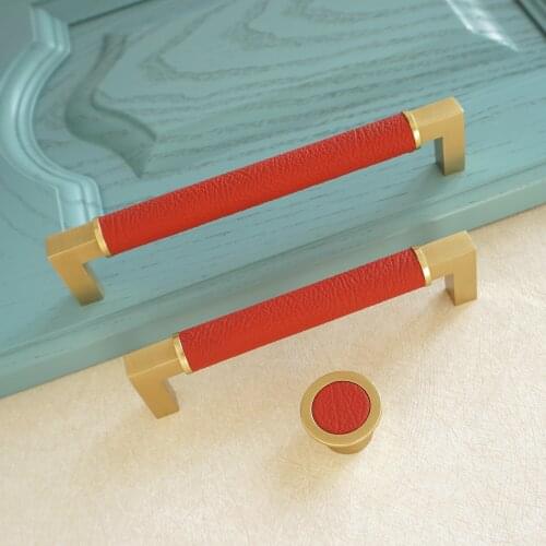 5" 6.3" Red Leather Furniture Handles Zinc Alloy Kitchen Cabinet Knob Drawer Pulls Round Dresser Knobs Closet Handle 128 160mm