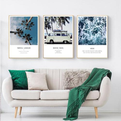 Scandinavian Tropical Landscape Posters Prints Modern Sea Beach Bus and Coco Nut Tree Wall Art Canvas Painting Decor Pictures