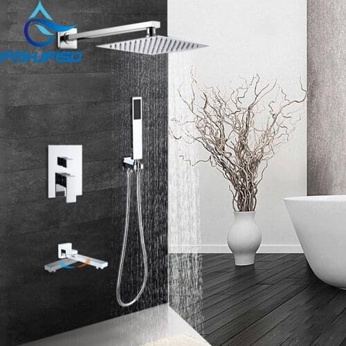 Contemporary Square Chrome Rain Shower Head FShower Sprayer Mixer Bathroom Shower Faucet Set Mixer Valve Tap 8 10 12 16 inch