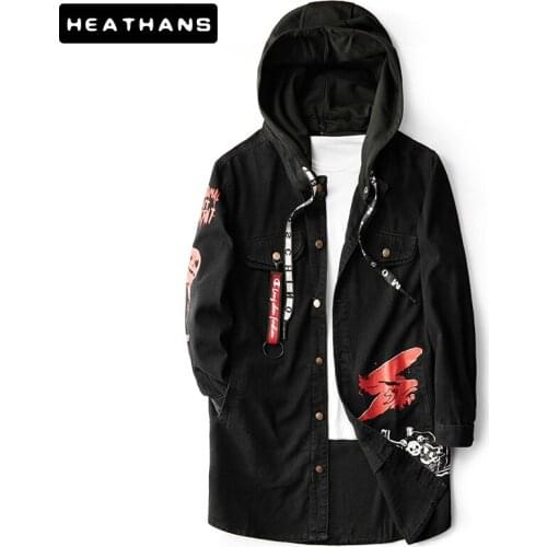 Harajuku Vintage Print Men Jeans Biker Jacket High Street Hip Hop Streetwear Loose Long Mens Denim Motorcycle Jacket Windbreaker