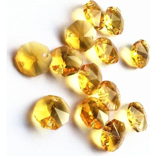 Top Quality 100pcs Gold 14mm Crystal Octagon Chandelier Accessories in Two holes (Free Rings) Diy Crystal Glass Curtain Beads