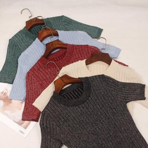 GIGOGOU 2019 Spring Summer Knitted Women T Shirt Fashion Lurex Glitter Short Sleeves Top Basic Rib Female Tshirt