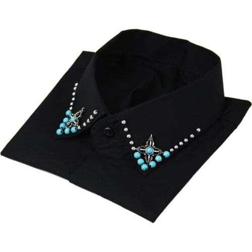 Women Handmade Beading Turquoise Lapel False Fake Collar Button Detachable Black Half Shirt Decorative Jewelry Dickey