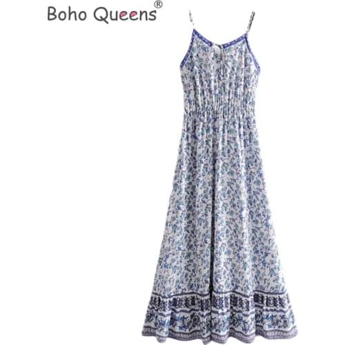 Vintage Chic Women blue floral print sleeveless strap beach Bohemian happie dresses Ladies rayon Boho maxi dress vestidos