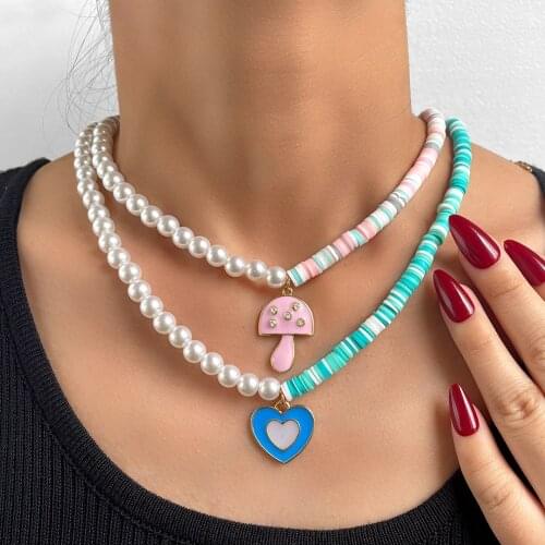 Flatfoosie Colorful Soft Pottery Clay Beads Heart Choker Necklace for Women Asymmetric Pearls Beaded Mushrooms Necklace Jewelry