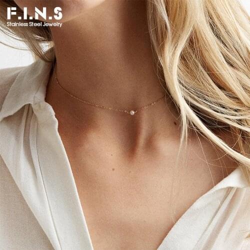 F.I.N.S Dainty Stainless Steel Necklace for Women Three-tones Chain Necklace Women Minimalism Simulated-Pearl Pendant Necklace