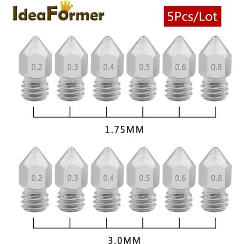 5Pcs MK8 Short Nozzle 0.2/0.3/0.4/0.5/ 0.6/0.8mm M6 Threaded For 1.75/3.0mm Filament CR10 Ender 3 Makebot 3D Printer Print Head