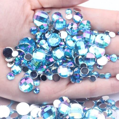 Acrylic Flat Back Round Earth Facets Aqumarine AB Many Size available Acrylic Rhinestone Glue On Acrylic Beads Decorate DIY